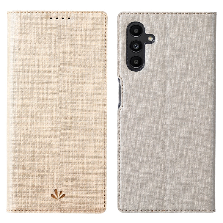 Beige fabric magnetic folio phone case with camera cutout and top speaker holes