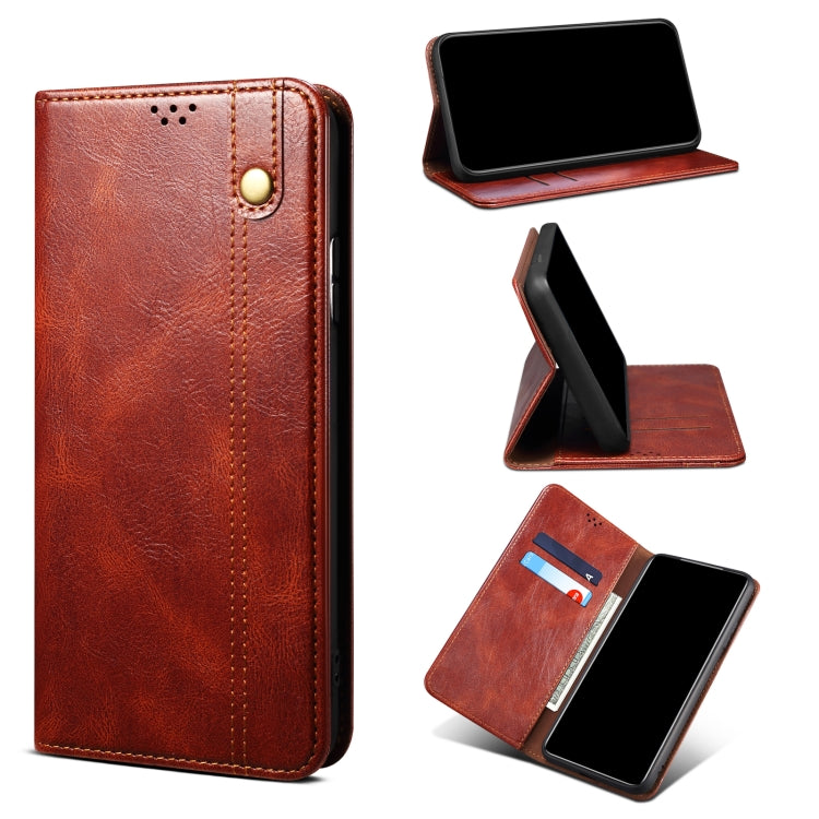 Brown leather phone case with flip stand and card pocket