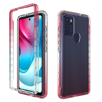 Transparent two-tone gradient phone case with pink/red frame for Moto G60S