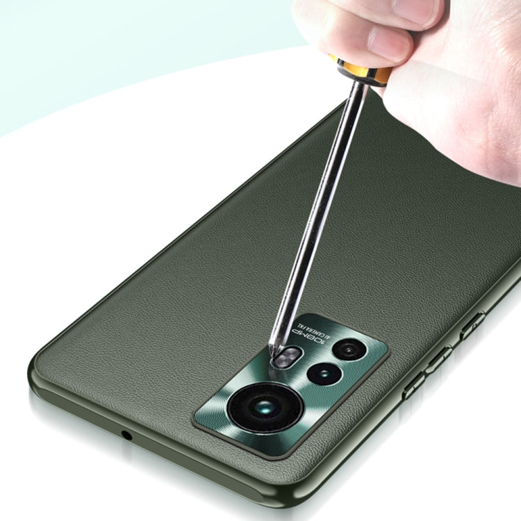 Olive green leather phone case with camera cutout and precise button cutouts
