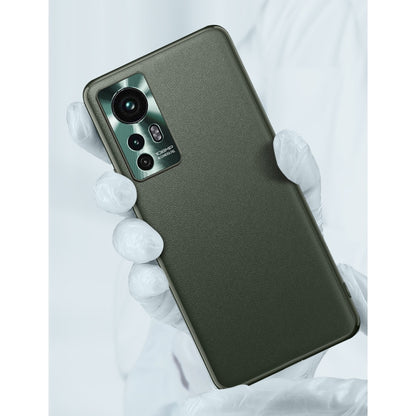 Plain leather phone case in dark green with camera and flash cutouts