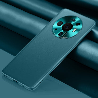 Teal leather phone case with camera cutout and glossy camera surround opening