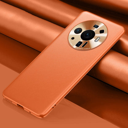 Peach orange leather phone case with camera cutout and raised edges for protection