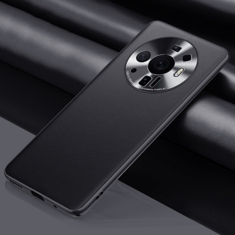 Black leather phone case with camera cutout and raised edges for secure protection