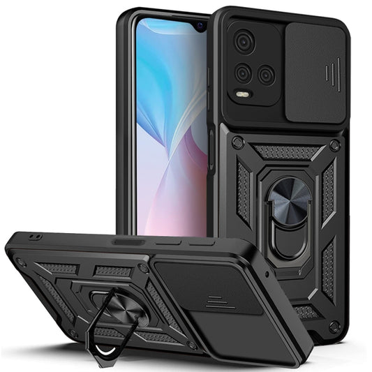Rugged black phone case with sliding camera cover and rotating metal ring kickstand