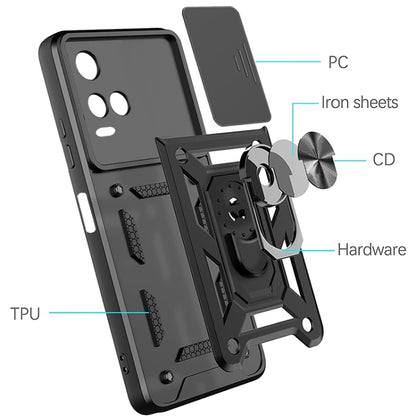 Black rugged phone case with sliding camera cover and metal ring kickstand details