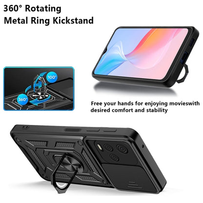 Black rugged phone case with 360° rotating metal ring kickstand and sliding camera cover