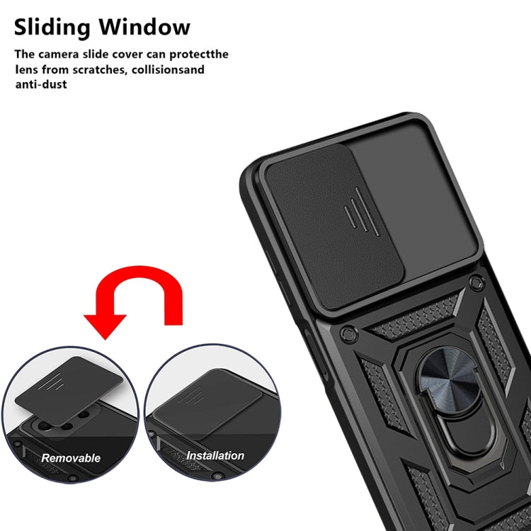 Black rugged phone case with sliding camera window cover over the rear camera