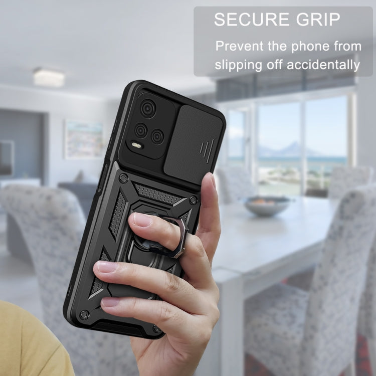 Black rugged phone case with secure grip texture and metal ring kickstand