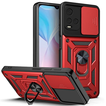 Red and black rugged phone case with sliding camera cover and metal ring kickstand