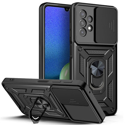 Black rugged phone case with sliding camera cover and built-in metal ring kickstand