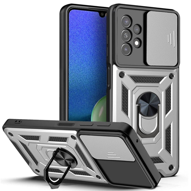 Gray and black rugged phone case with sliding camera cover and metal ring kickstand