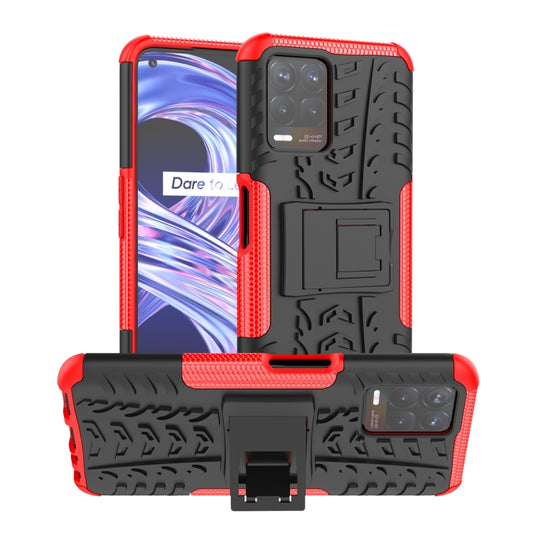 Red tire-textured TPU/PC phone case with built-in holder for rear kickstand
