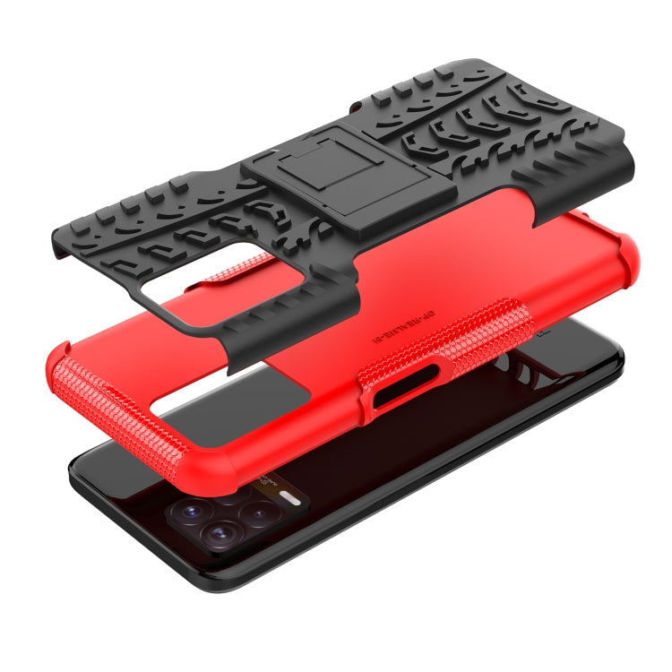 Red and black tire-textured phone case with fold-out holder for screen support
