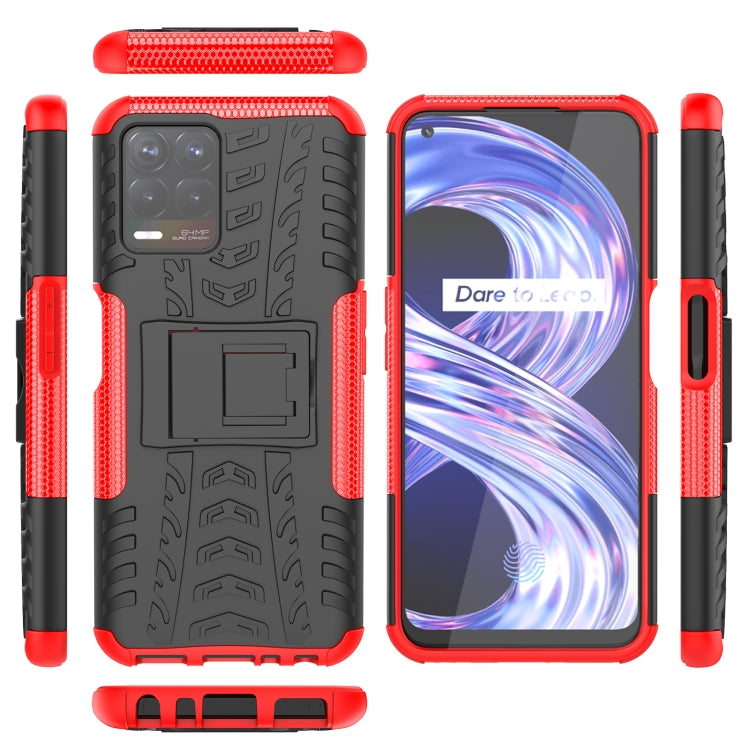 Red and black tire-textured phone case with holder, side buttons, and cutouts