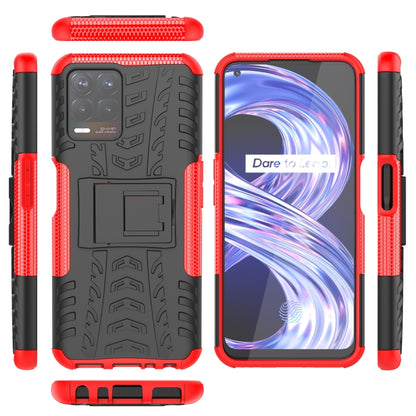 Red and black tire-textured phone case with holder, side buttons, and cutouts