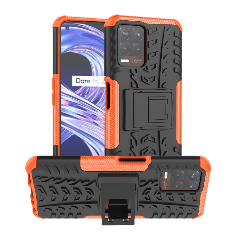 Orange and black tire-texture TPU/PC phone case with built-in holder stand.