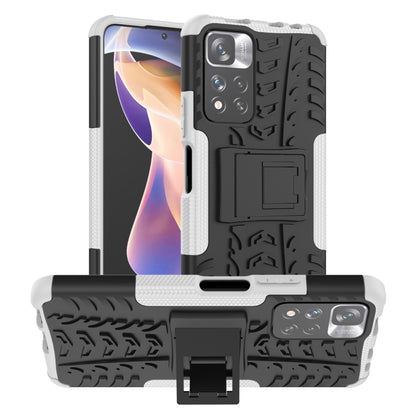 White and black tire-texture TPU/PC phone case with built-in holder stand.