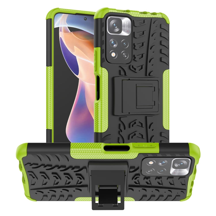 Green and black tire-texture TPU/PC phone case with built-in holder stand.