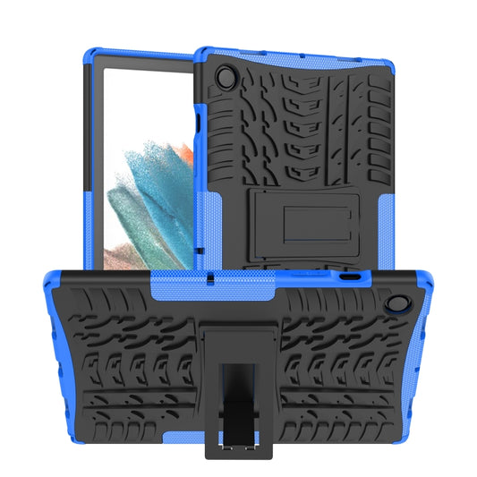 Blue rugged tablet case with tire-tread texture, kickstand, and port cutouts