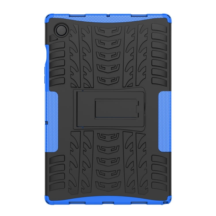 Black and blue rugged tablet case with tire-tread pattern and stand cutout