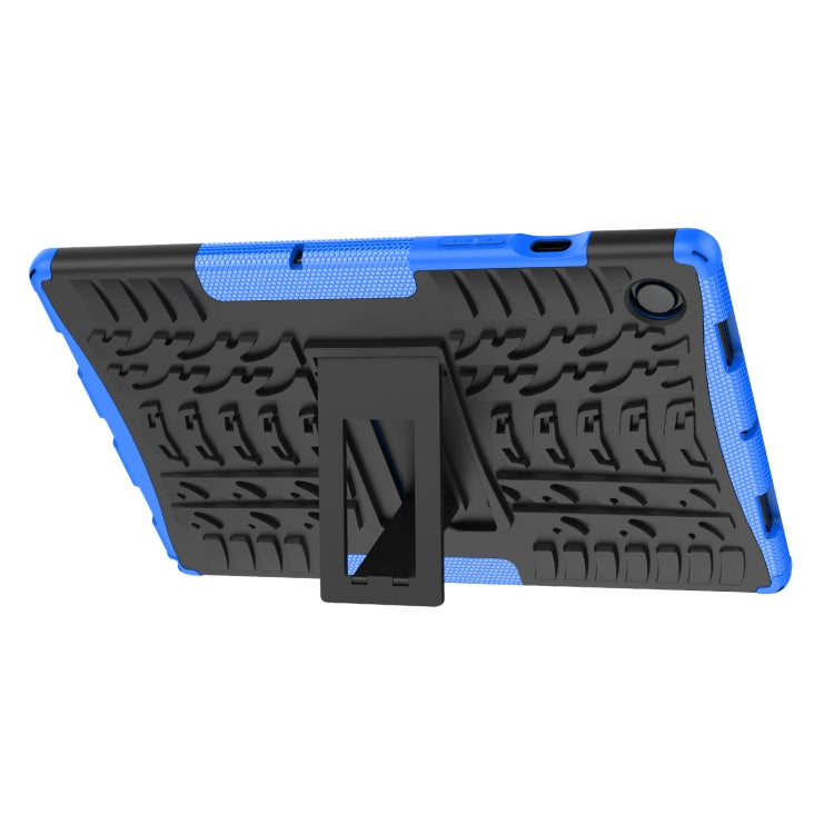 Blue and black rugged tablet case with tire-tread texture and viewing kickstand