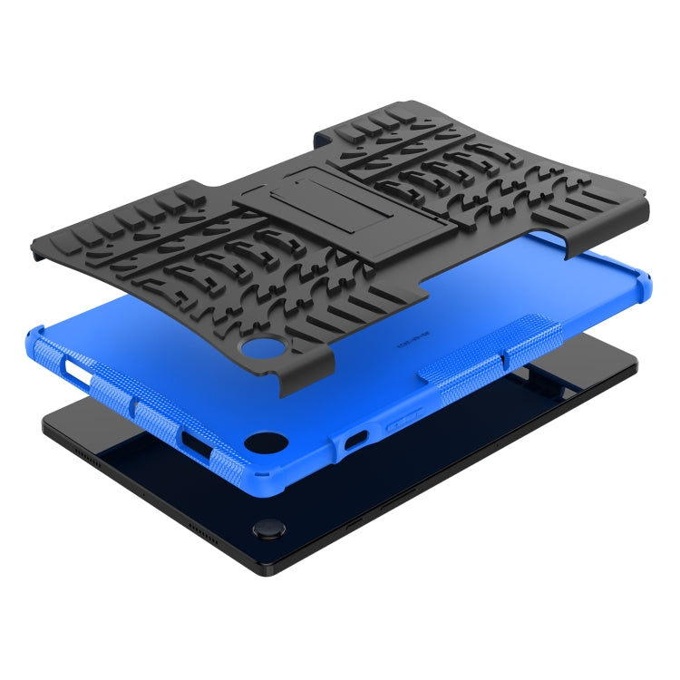 Blue tablet case with dark tire-tread top cover and flip kickstand