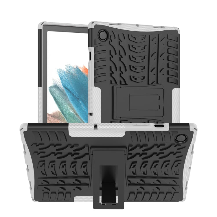Gray and black rugged tablet case with tire-tread texture and kickstand