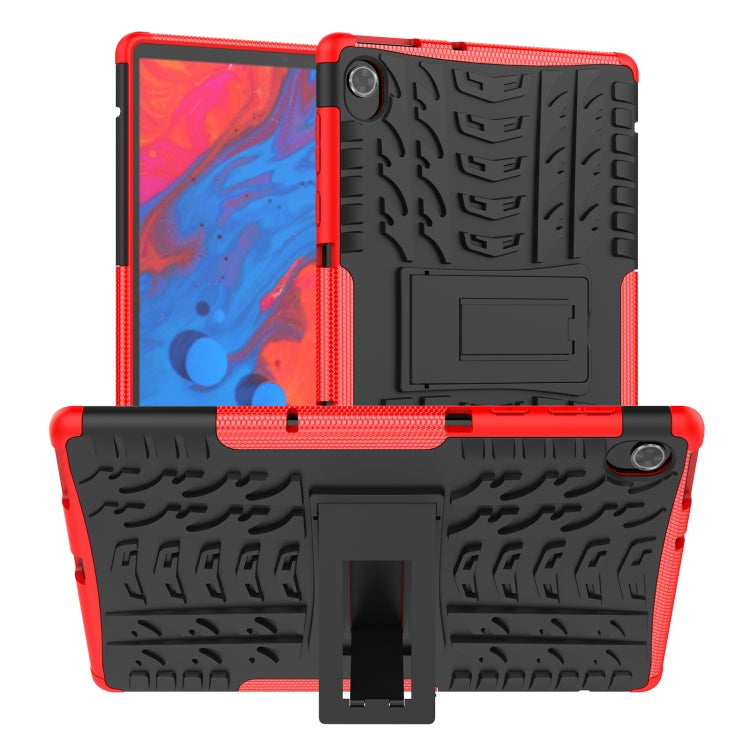 Red rugged tablet case with tire-tread texture and kickstand support