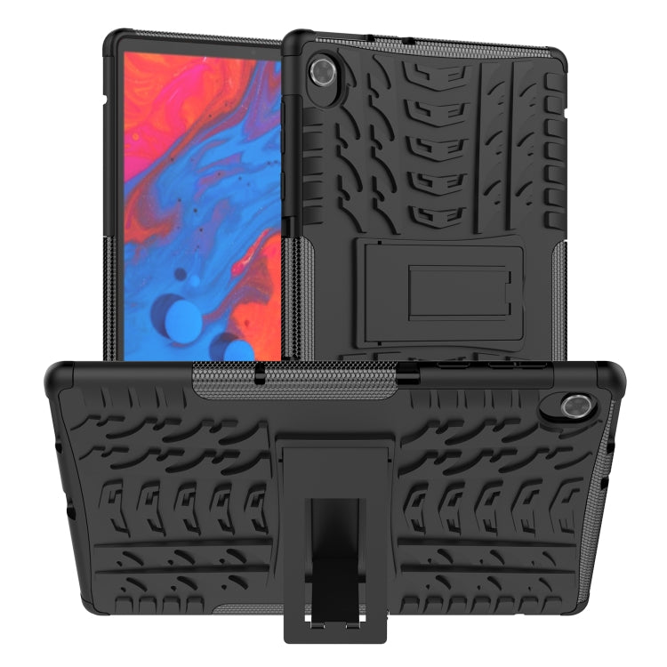 Black tablet case with textured TPU shell, built-in stand, and camera cutout