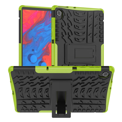 Green and dark tablet case with textured TPU shell, stand, and camera cutout