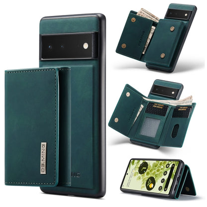 Green 3-fold card wallet with magnetic phone back cover, visible snap latch and stitching.