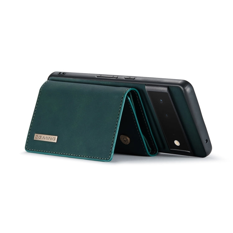 Green 3-fold wallet case propped open with card pockets and magnetic flap at top.