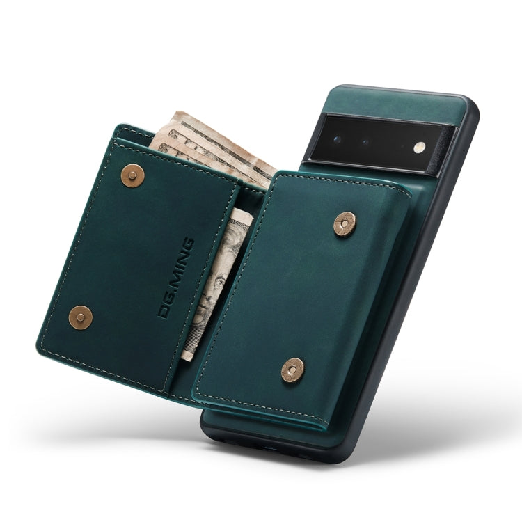 Green wallet case open with cash and card compartments, snap buttons on leather flaps.