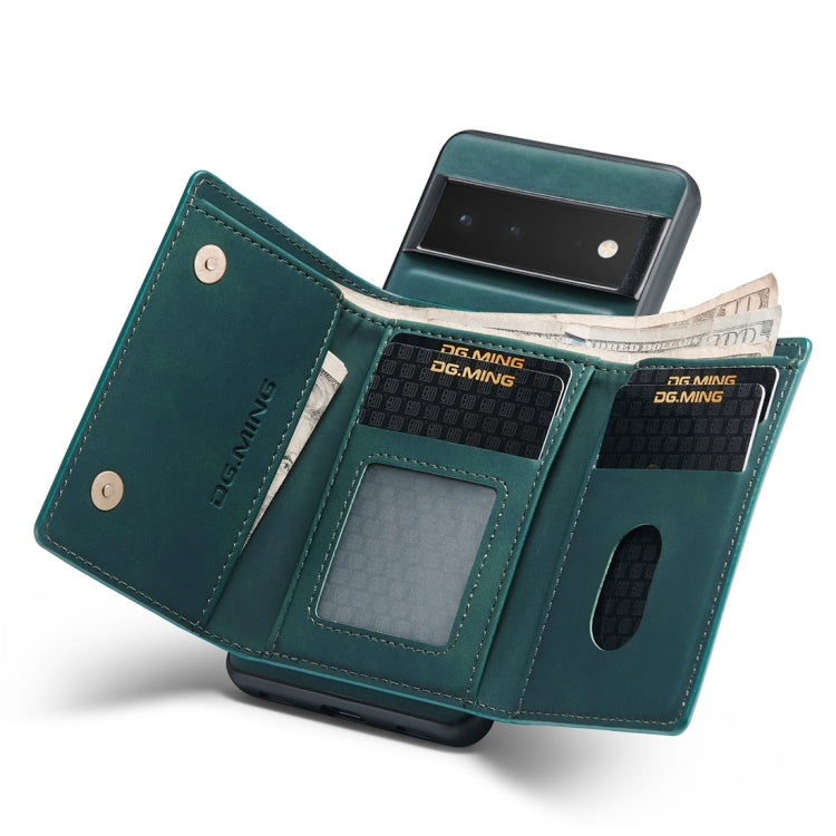 Green 3-fold wallet case showing card holders and center cash pocket, magnetic flap open.