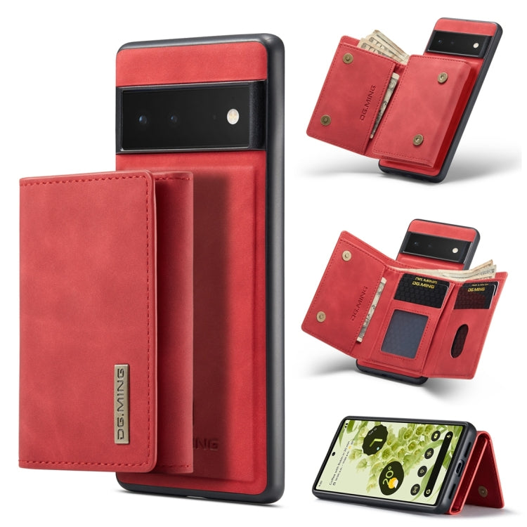 Red 3-fold card wallet with magnetic phone back cover, open card pockets and snap tabs.
