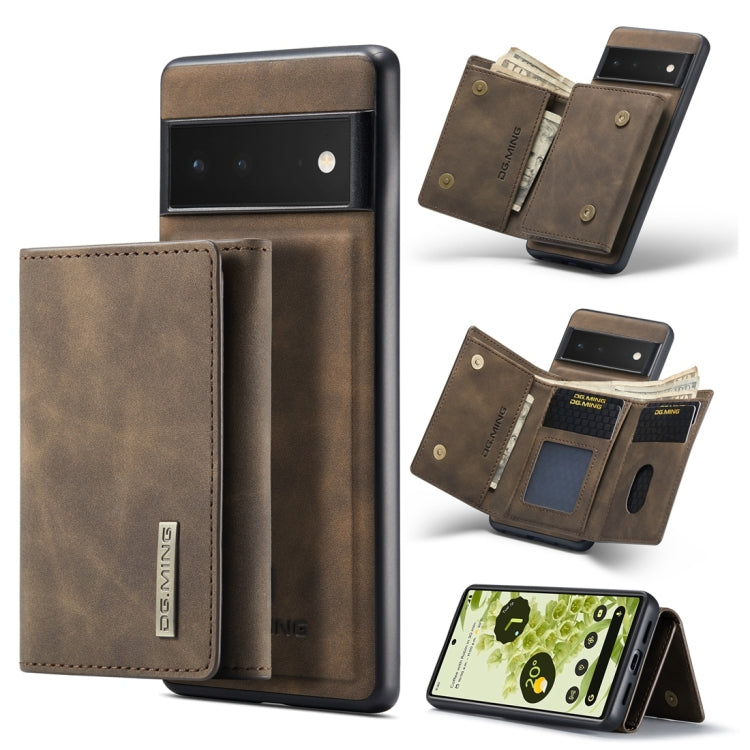 Brown 3-fold card wallet case with magnetic back cover, open card slots and cash pocket.