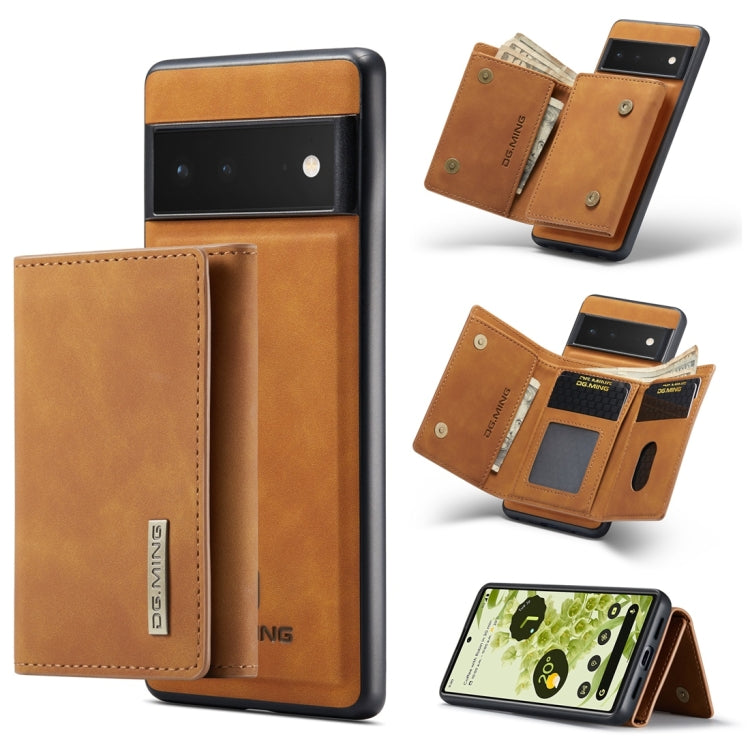 Tan 3-fold card wallet with magnetic phone back cover, open pockets and side button cutouts.