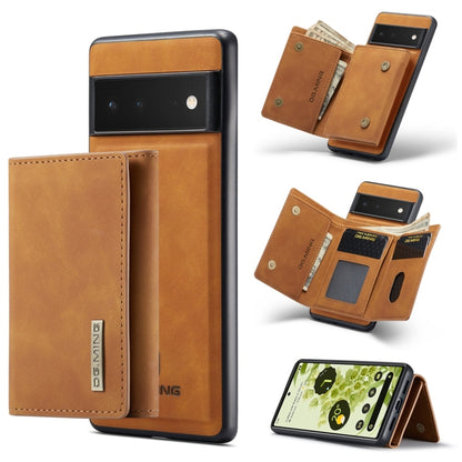 Tan 3-fold card wallet with magnetic phone back cover, open pockets and side button cutouts.