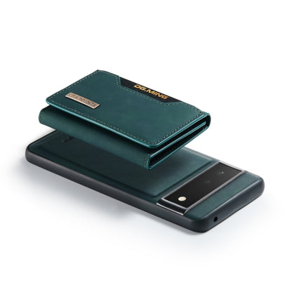 Green multi-card phone wallet case with front cover folded and phone partially seated