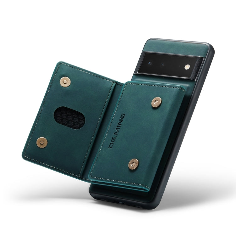 Green flip phone wallet case with two card slots and metal snap buttons