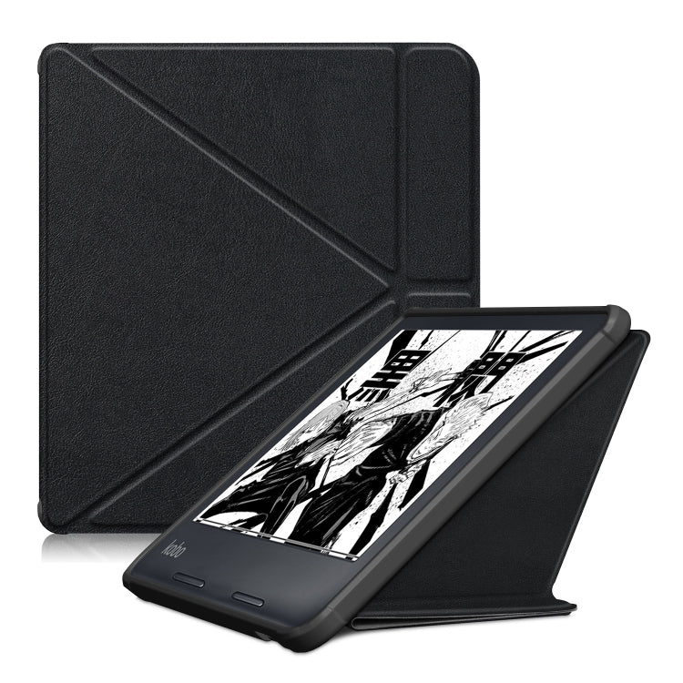 Black multi-folding leather tablet e-reader case with textured exterior and stand