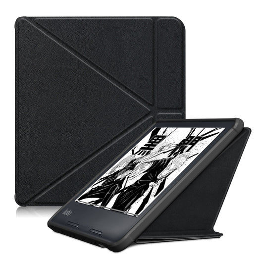 Black multi-folding leather tablet e-reader case with textured exterior and stand