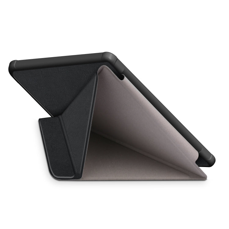 Dark leather tablet e-reader case with open folio stand and taupe inner lining