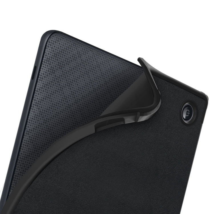 Black textured leather tablet e-reader case with fold crease and side button