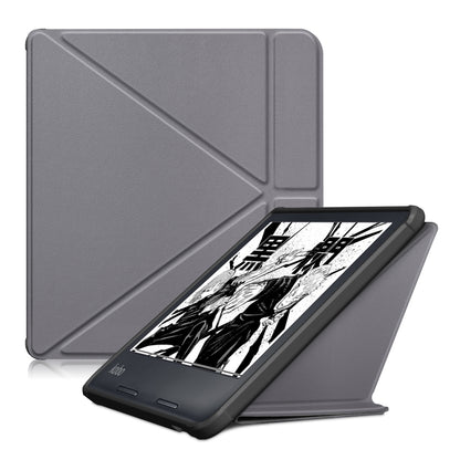 Gray multi-folding leather tablet e-reader case with textured exterior stand