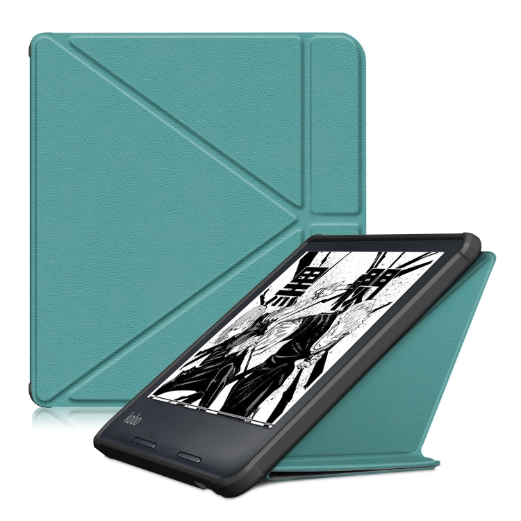 Dark green leather tablet case with multi-fold cover, holds Kobo e-reader upright.