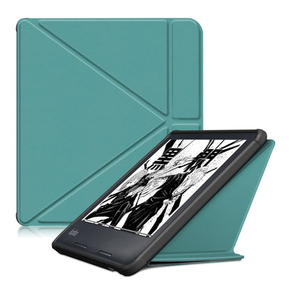 Dark green leather tablet case with multi-fold cover, holds Kobo e-reader upright.