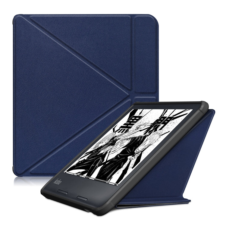 Dark blue leather tablet case with multi-fold cover, holds Kobo e-reader upright.