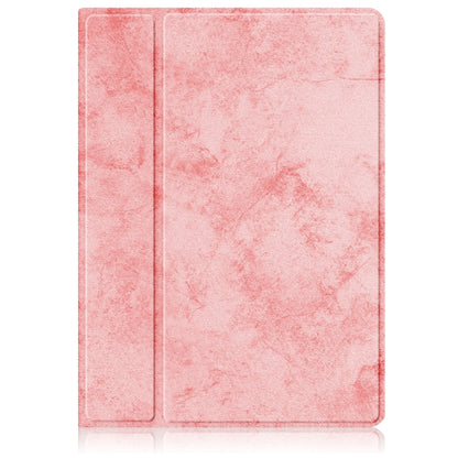 Pink leather tablet case with slim tri-fold front cover and smooth textured finish.